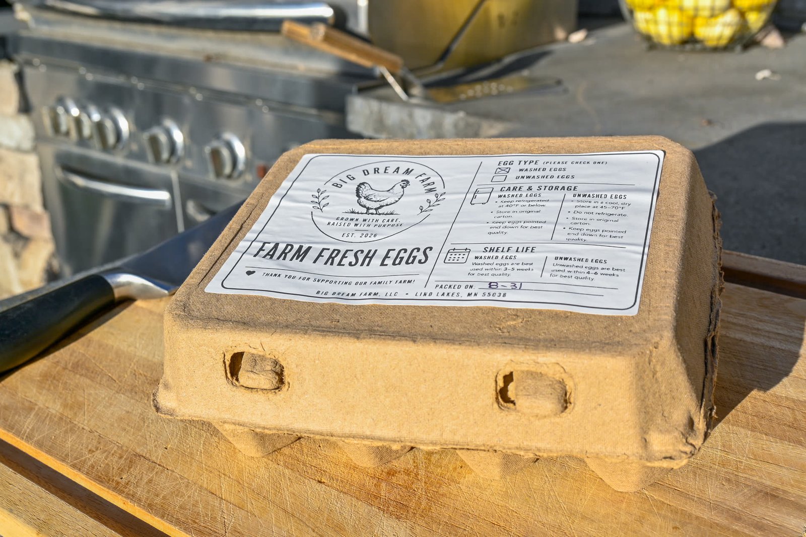 Big Dream Farm egg carton with a farm fresh eggs label showing care and storage instructions