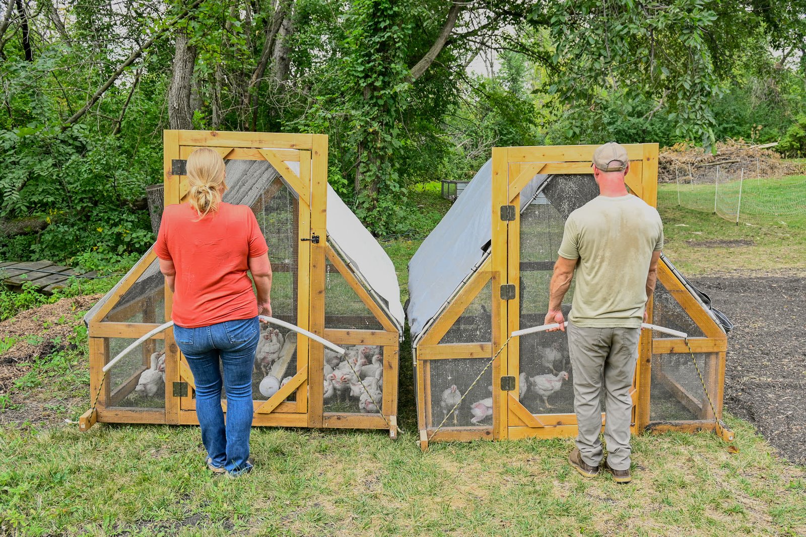 Drew and Sorell moving the two mobile brooder coops by hand